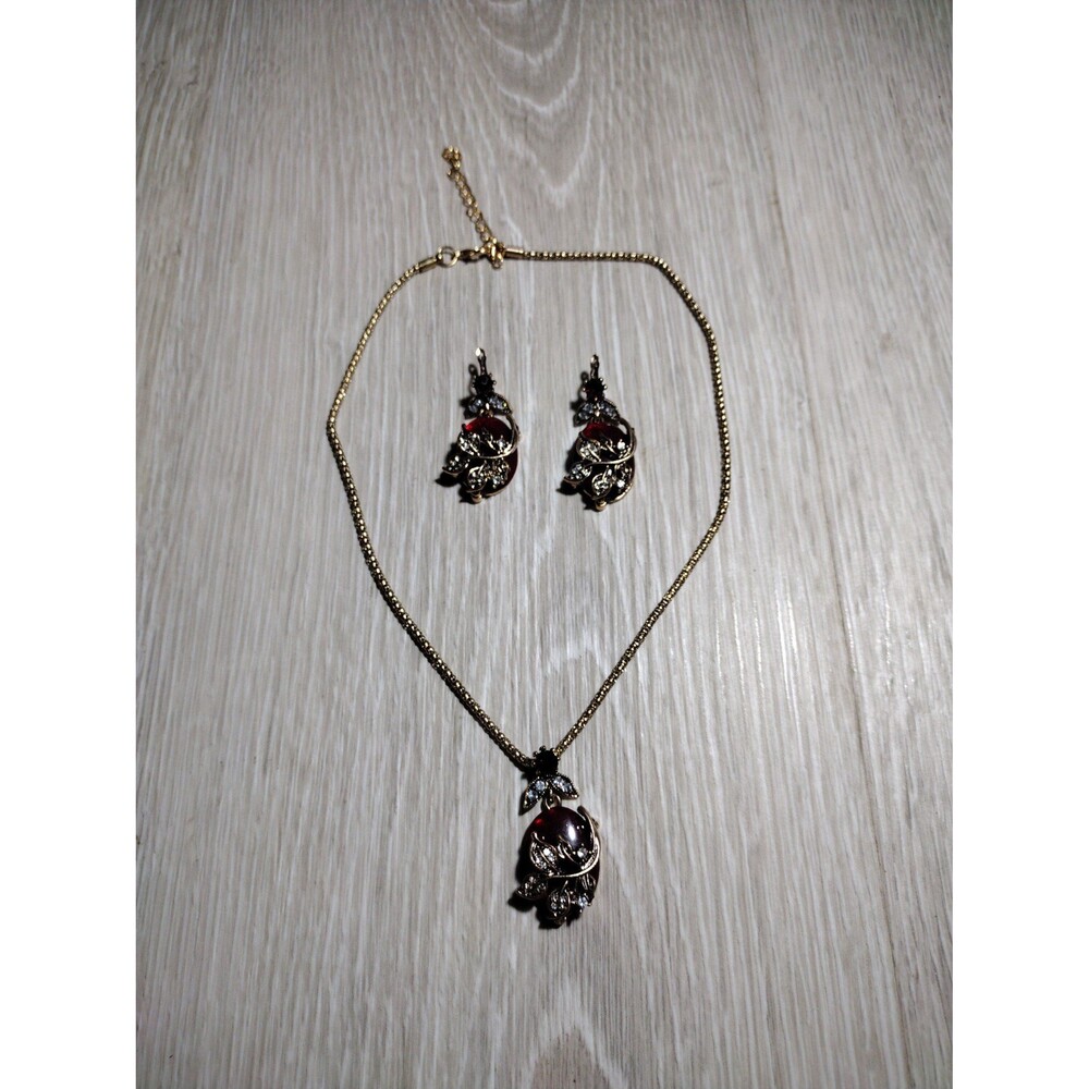 Necklace & Earrings Set - Dark Ruby Like Red & Diamond like Accents - Picture 4 of 7